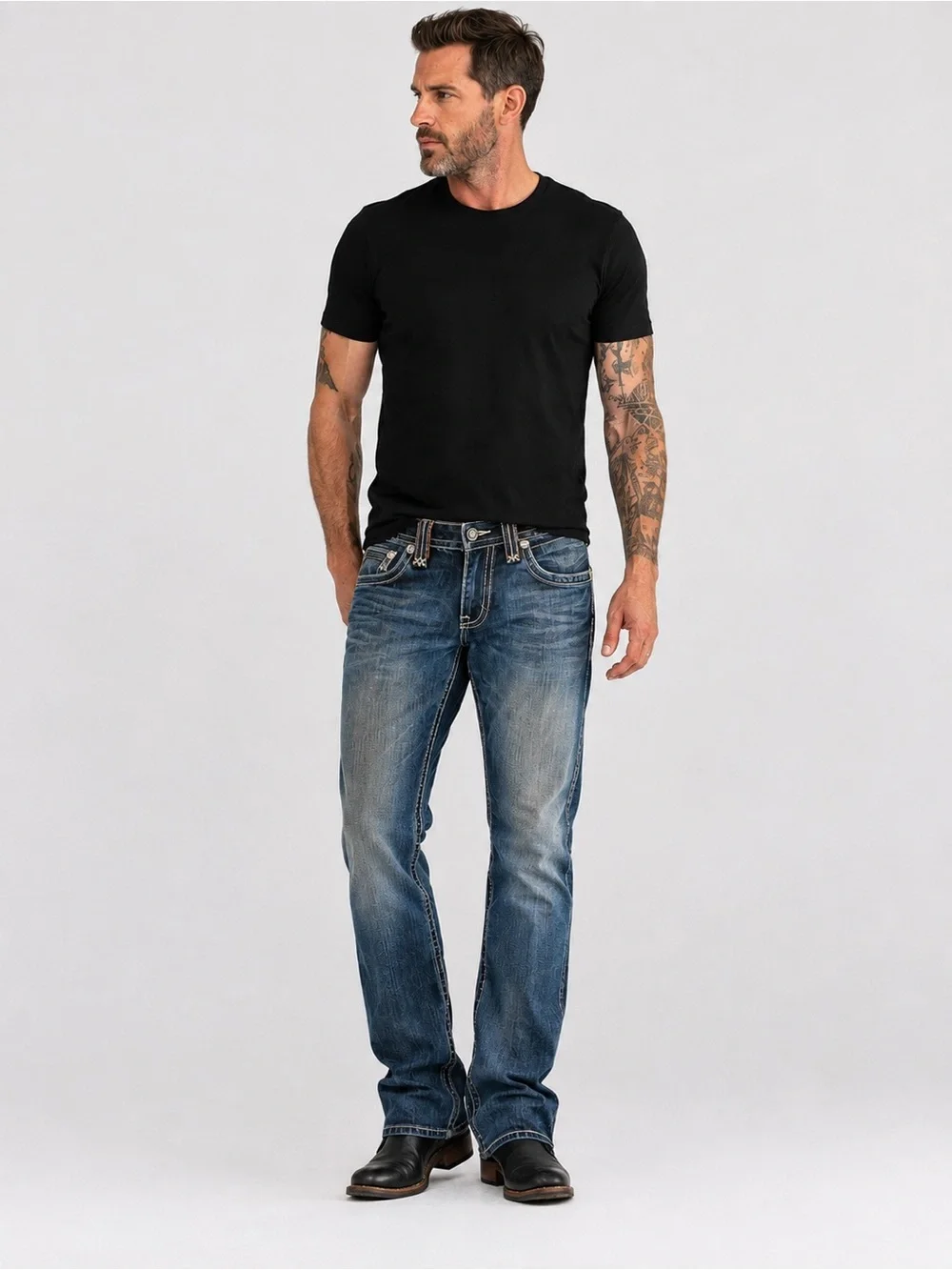 Rock Revival Men’s Straight Cut Jeans Distressed Embroidered Blue Denim W33/L32